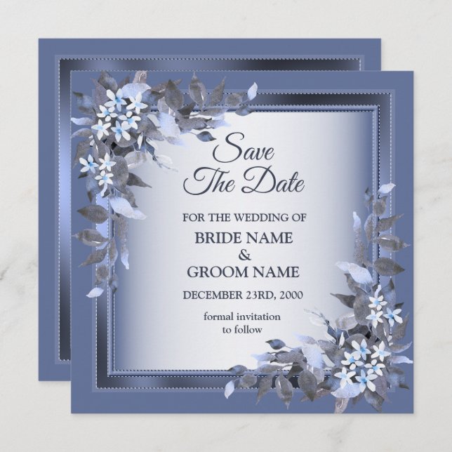 Reserva La Fecha Elegant Navy Blue Floral Framed Silver Wedding (Anverso / Reverso)