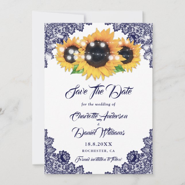 Reserva La Fecha Elegant Navy Blue Floral Lace Sunflower Wedding (Anverso)