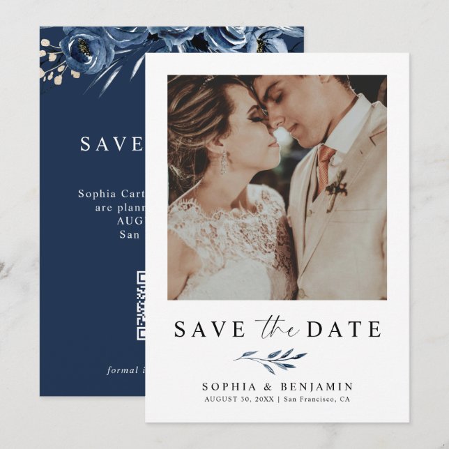Reserva La Fecha Elegant Navy Blue Floral Photo & QR Code Wedding  (Anverso / Reverso)