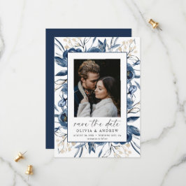 Reserva La Fecha Elegant Navy Blue Script Photo Floral Wedding