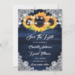 Reserva La Fecha Elegant Navy Blue Wood Lace Sunflower Wedding