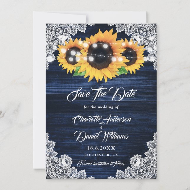 Reserva La Fecha Elegant Navy Blue Wood Lace Sunflower Wedding (Anverso)