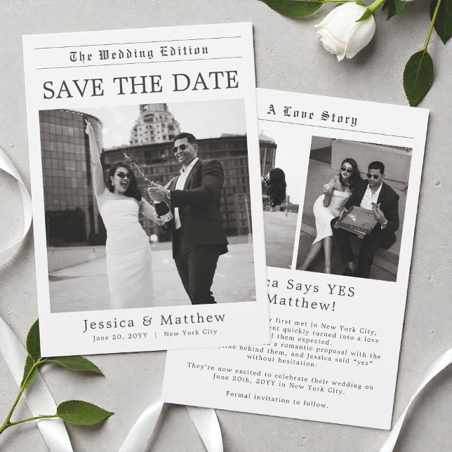 Reserva La Fecha Elegant Newspaper Black and White Photo Wedding (Elegant Newspaper Black and White Photo Wedding Save The Date)