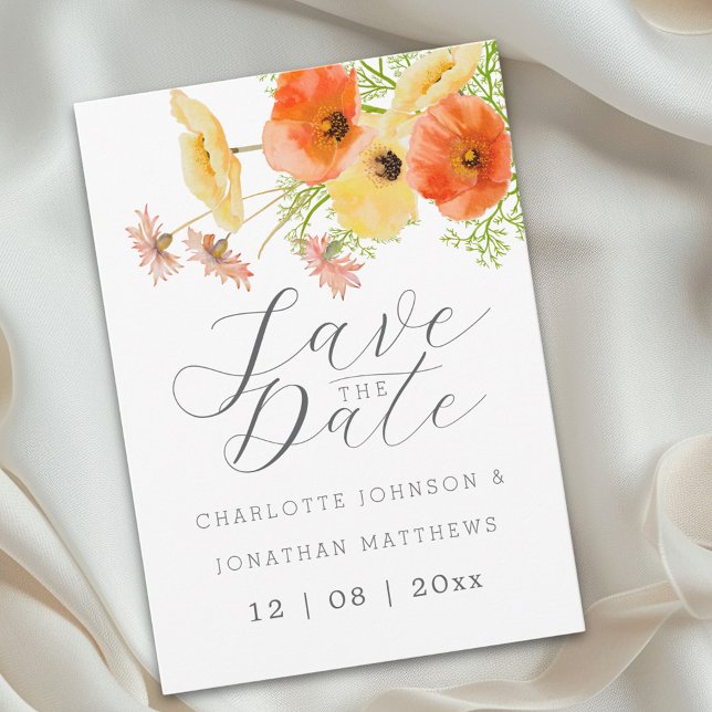 Reserva La Fecha Elegant Orange & Yellow Wildflower Wedding (Elegant script watercolor wildflower yellow & orange floral wedding save the date invitation)