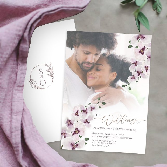 Reserva La Fecha Elegant Orchid Wedding Invitation Photo Card (Subido por el creador)