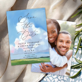 Reserva La Fecha Elegant Painted Landscape Blue Sky Clouds Wedding 