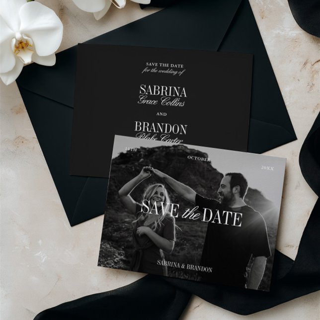 Reserva La Fecha Elegant Photo Black & White Save the Date Card (Subido por el creador)