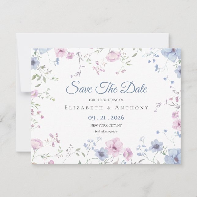 Reserva La Fecha Elegant Pink & Dusty Blue Floral Wedding  (Anverso)