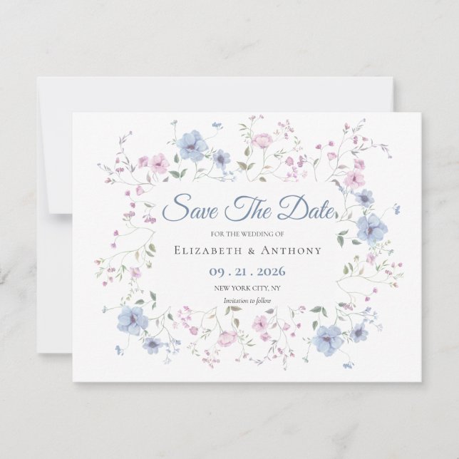 Reserva La Fecha Elegant Pink & Dusty Blue Floral Wedding  Save The (Anverso)