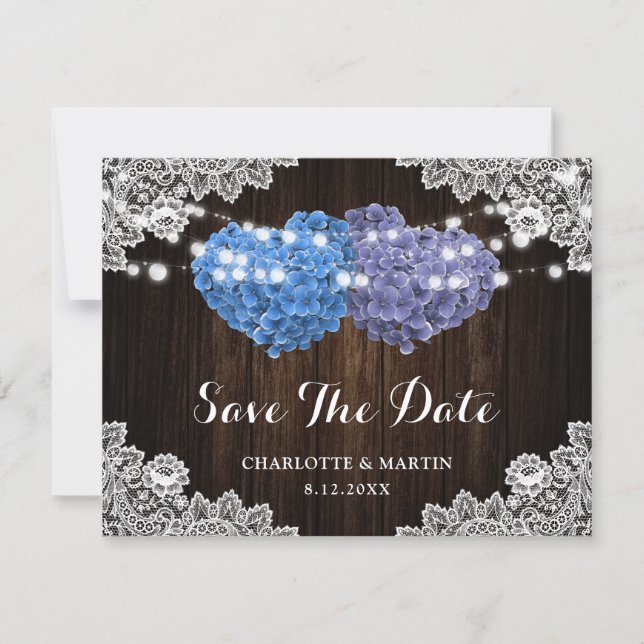 Reserva La Fecha Elegant Purple Blue Floral Lace Wood Wedding (Anverso)