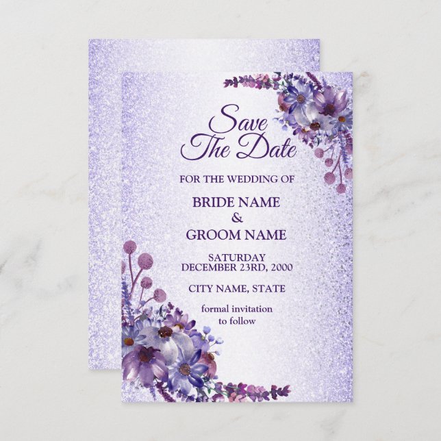 Reserva La Fecha Elegant Purple Blue Pink Floral Glitter Wedding (Anverso / Reverso)