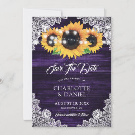 Reserva La Fecha Elegant Purple Wood Floral Lace Sunflower Wedding