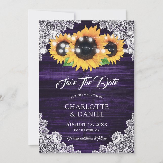Reserva La Fecha Elegant Purple Wood Floral Lace Sunflower Wedding (Anverso)
