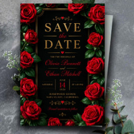 Reserva La Fecha Elegant Red Rose Black and Gold Luxury Floral
