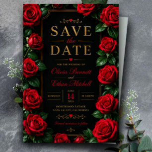 Reserva La Fecha Elegant Red Rose Black and Gold Luxury Floral