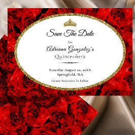 Reserva La Fecha Elegant Red Roses and Gold Quinceanera
