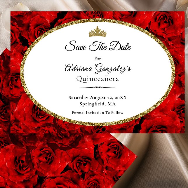 Reserva La Fecha Elegant Red Roses and Gold Quinceanera (Subido por el creador)