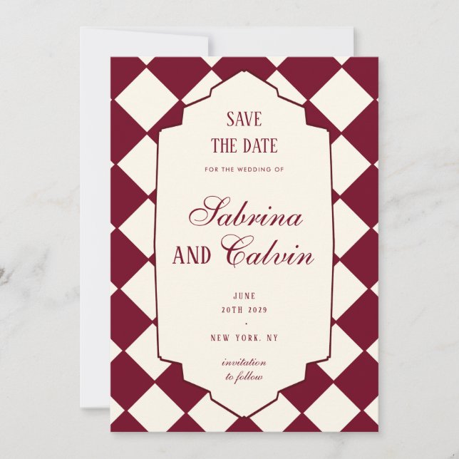 Reserva La Fecha Elegant Retro Checkered Burgundy Wedding (Anverso)