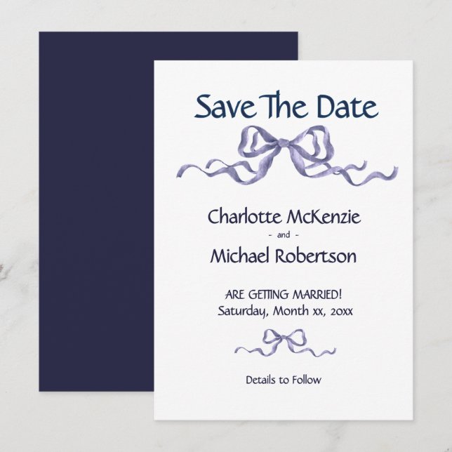 Reserva La Fecha Elegant Ribbon & Bow Romantic Wedding Navy & White (Anverso / Reverso)