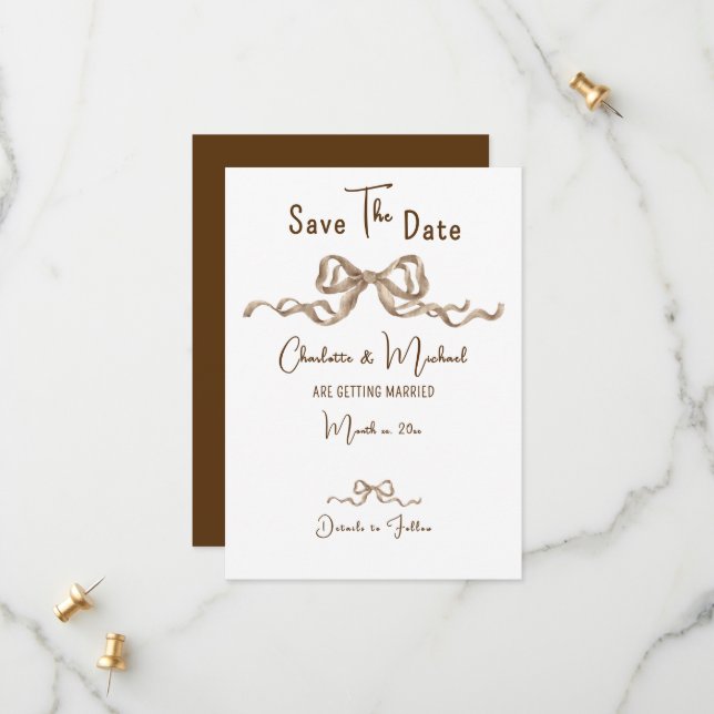 Reserva La Fecha Elegant Ribbon & Bow Warm Brown Classic Wedding (Anverso/Reverso In Situ)