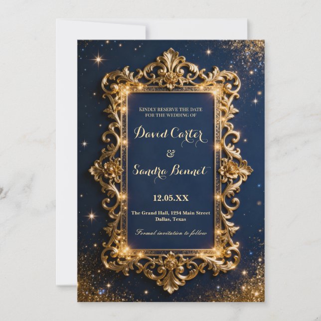 Reserva La Fecha Elegant Royal Gold & Navy Blue Modern Wedding  (Anverso)