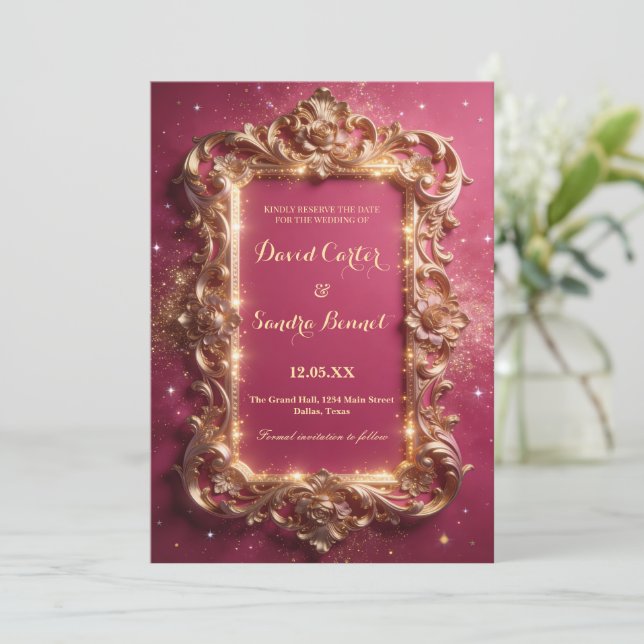 Reserva La Fecha Elegant Royal Gold & Pink Modern Wedding  (Anverso de pie)