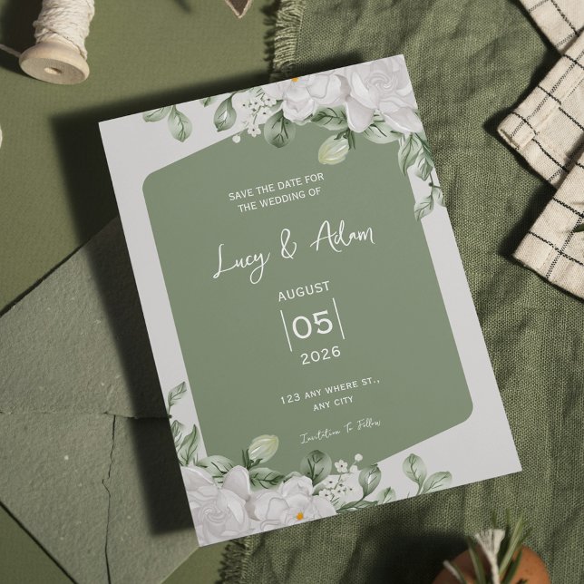 Reserva La Fecha Elegant Sage Green Botanical White Floral Wedding (Subido por el creador)