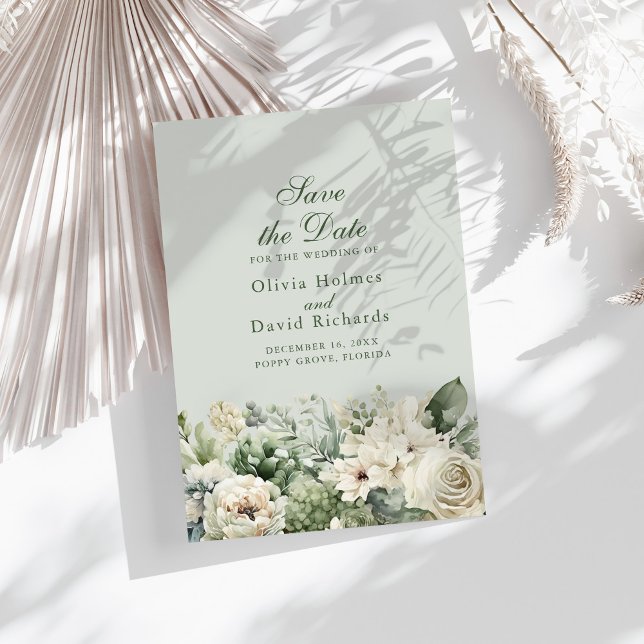 Reserva La Fecha Elegant Sage Green Floral Save The Date Card (Elegant Sage Green Floral Save The Date Card on a sunny table with boho dry botanicals)