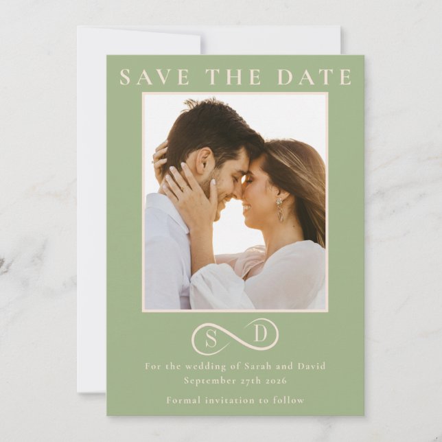 Reserva La Fecha Elegant Sage Green Infinity Monogram Save the Date (Anverso)
