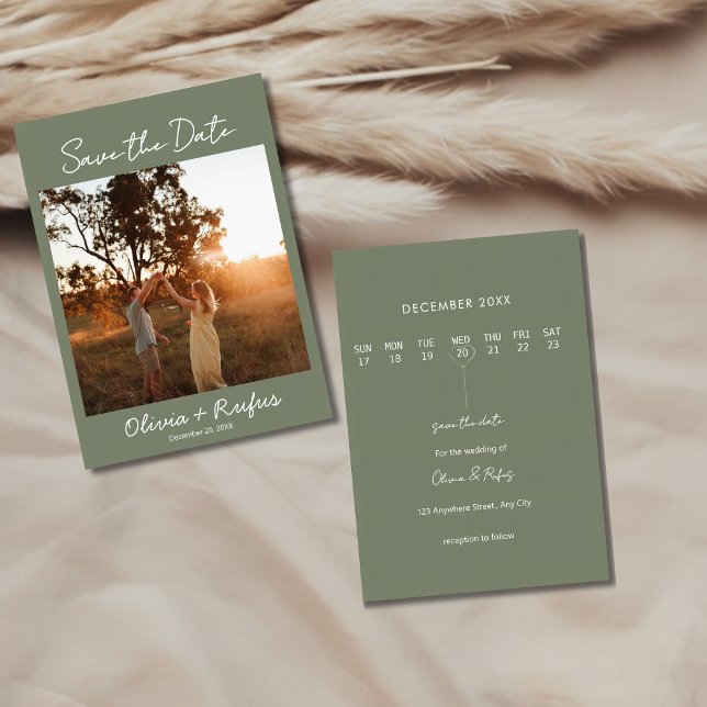 Reserva La Fecha Elegant Sage Green Photo Save the Date Card (Subido por el creador)
