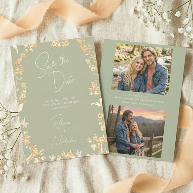 Reserva La Fecha Elegant Sage Ivory Script Wildflowers 2 Photo (Subido por el creador)