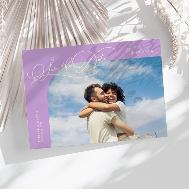 Reserva La Fecha Elegant Script Lemon Wisteria Curved Frame Photo (Subido por el creador)