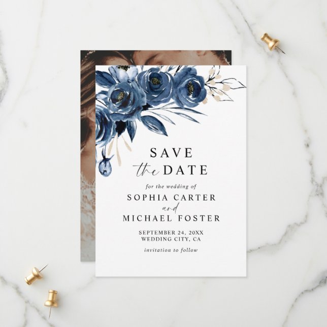 Reserva La Fecha Elegant Script Navy Blue Floral Photo Wedding (Anverso/Reverso In Situ)