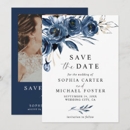 Reserva La Fecha Elegant Script Navy Blue Floral Photo Wedding
