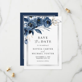 Reserva La Fecha Elegant Script Navy Blue Floral Photo Wedding