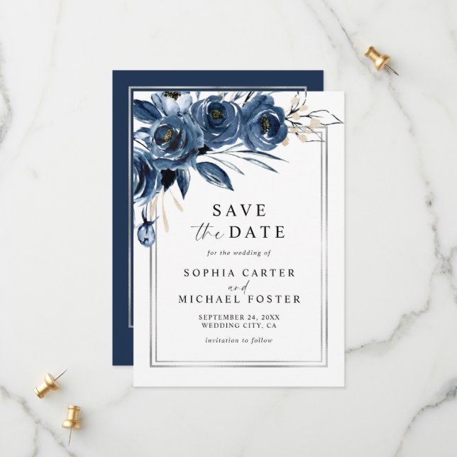 Reserva La Fecha Elegant Script Navy Blue Floral Photo Wedding (Anverso/Reverso In Situ)