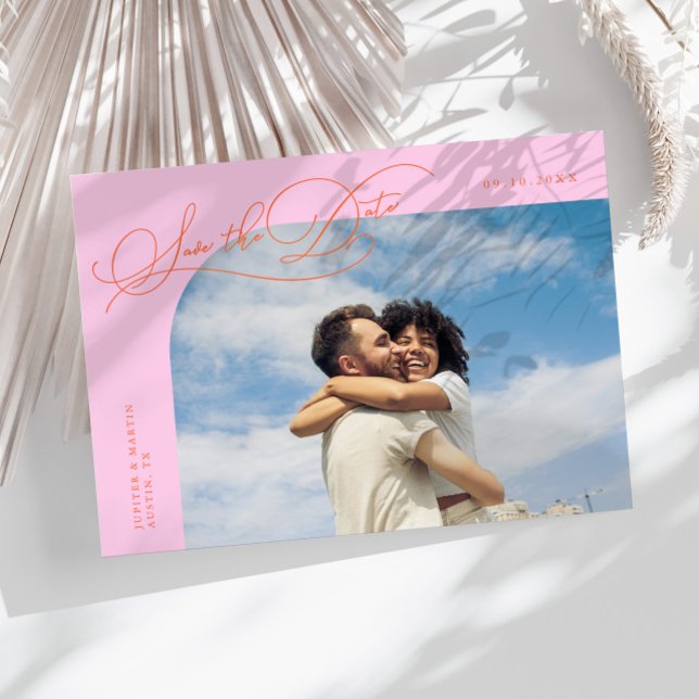 Reserva La Fecha Elegant Script Orange Pink Curved Frame Photo (Subido por el creador)