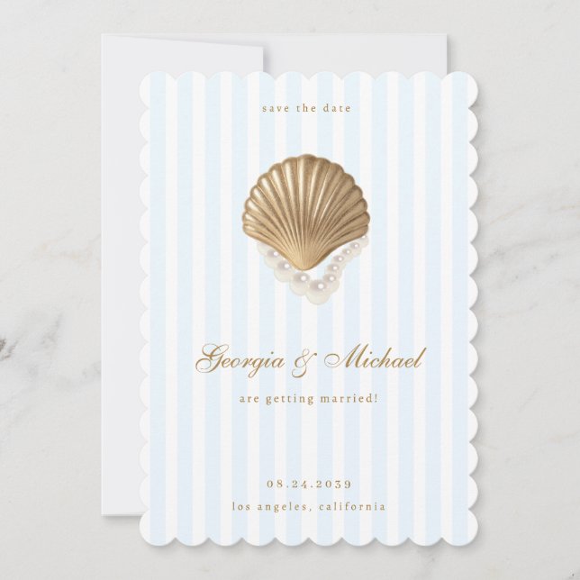 Reserva La Fecha Elegant Seashell Gold & Blue Coastal Wedding (Anverso)