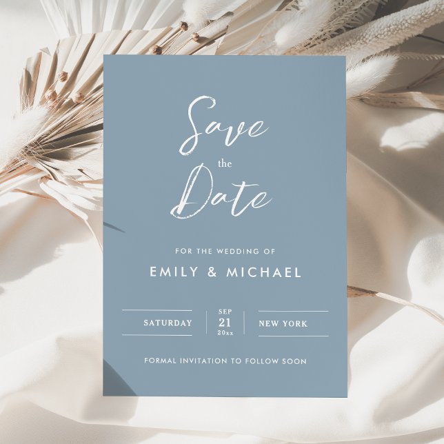 Reserva La Fecha Elegant Simple Script Dusty Blue Wedding (Minimalist simple dusty blue with white calligraphy - elegant and tasteful for your special day)