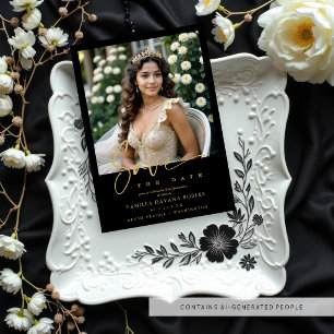 Reserva La Fecha Elegant Spanish Black Trendy Quinceañera Photo