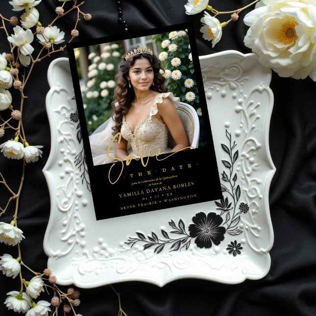 Reserva La Fecha Elegant Spanish Black Trendy Quinceañera Photo (Spanish Black Trendy Quinceañera Photo Save the Date Card Design. )