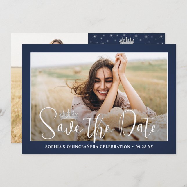 Reserva La Fecha Elegant Sparkles Quinceañera 2 Photo Navy Blue (Anverso / Reverso)