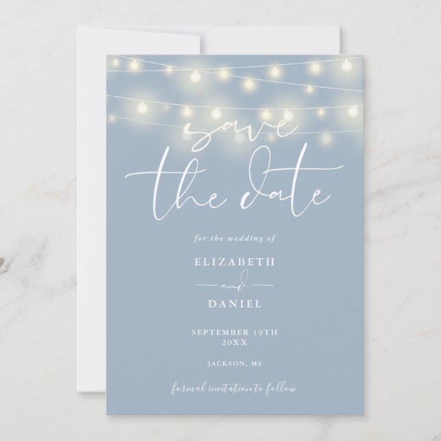 Reserva La Fecha Elegant String Lights Dusty Blue QR Code Wedding (Anverso)