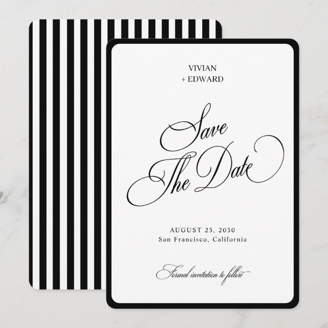 Reserva La Fecha Elegant Stripes Border Black & White Wedding (Anverso / Reverso)