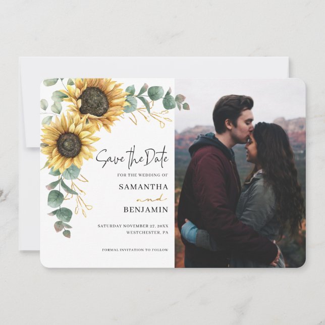 Reserva La Fecha Elegant Sunflower Eucalyptus 1 Photo Wedding (Anverso)