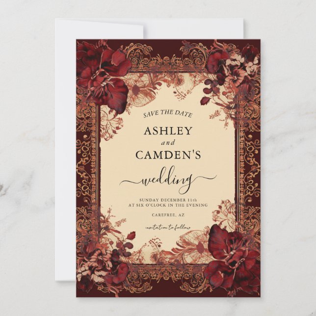 Reserva La Fecha Elegant Victorian Red Gold Wedding (Anverso)