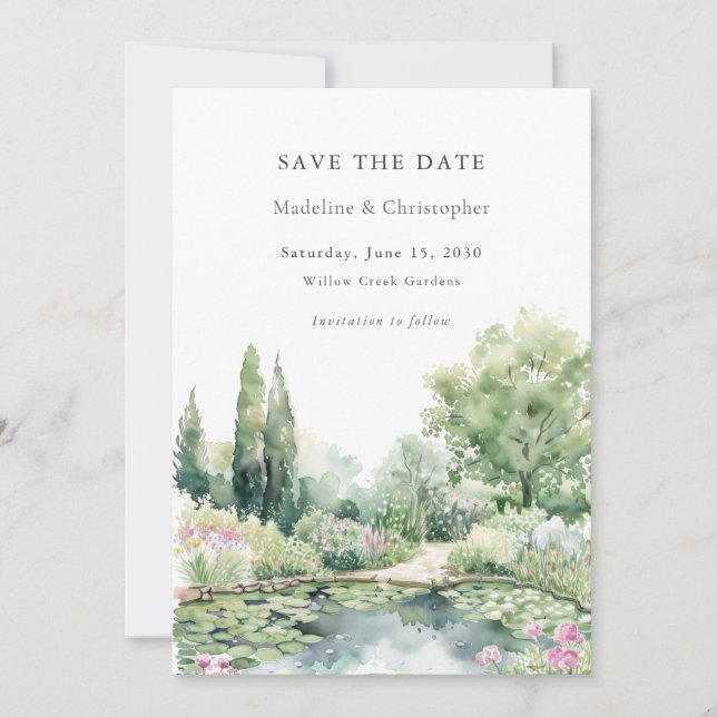 Reserva La Fecha Elegant Watercolor Summer Garden Landscape Wedding (Anverso)