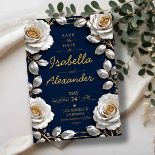 Reserva La Fecha Elegant White and Gold Rose on Navy Blue