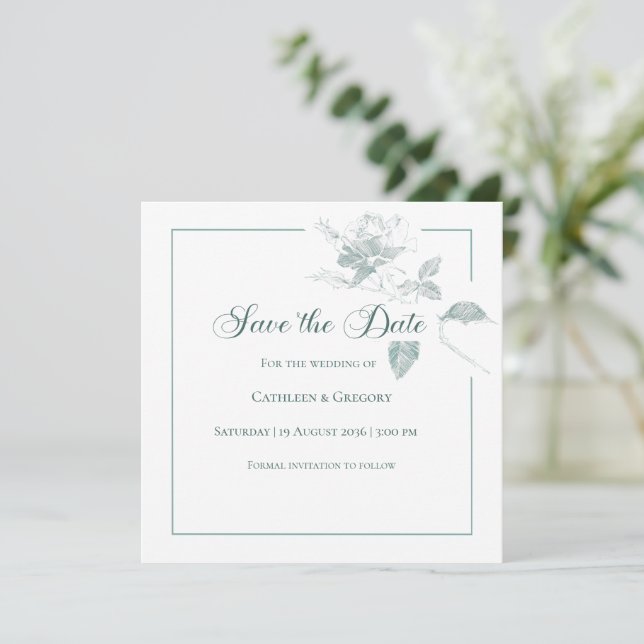 Reserva La Fecha Elegant White Roses Sage Green Floral Wedding (Anverso de pie)