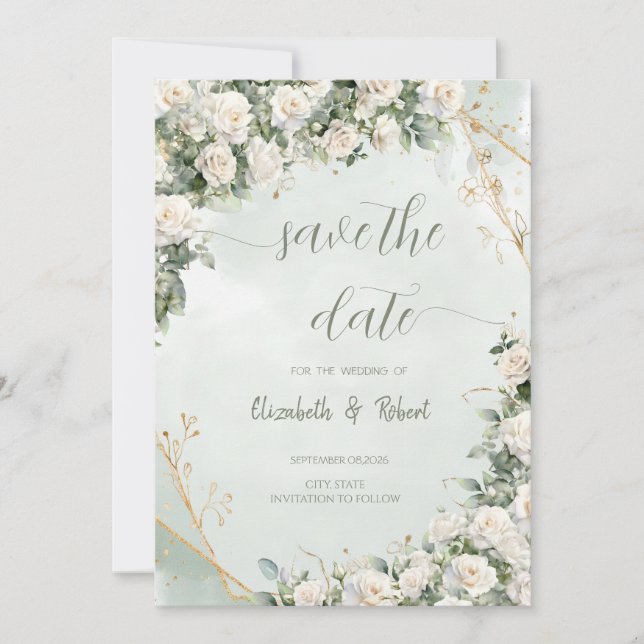 Reserva La Fecha Elegant White Roses Wedding Save The Date (Anverso)